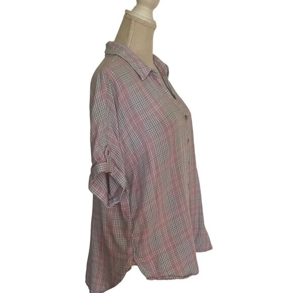 Large Pink & Gray Checkerboard Button Down V Neck Cuff Sleeve Top Gloria Van - Picture 4 of 5
